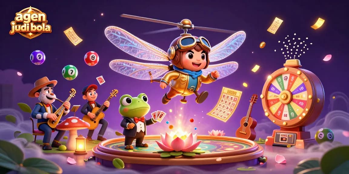 Agen judi bola showcases a lively casino scene with a dragonfly pilot, frog dealer, and jazz musicians.