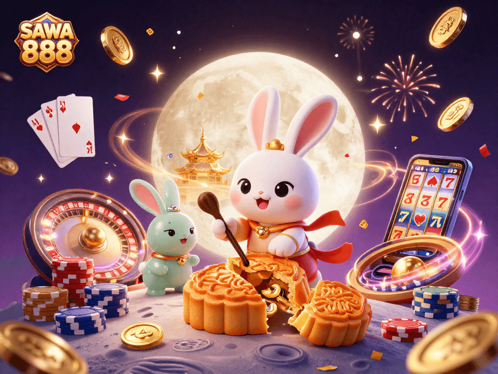 Engage in thrilling action with SAWA 888, showcasing a festive scene with casino elements and joyful characters.