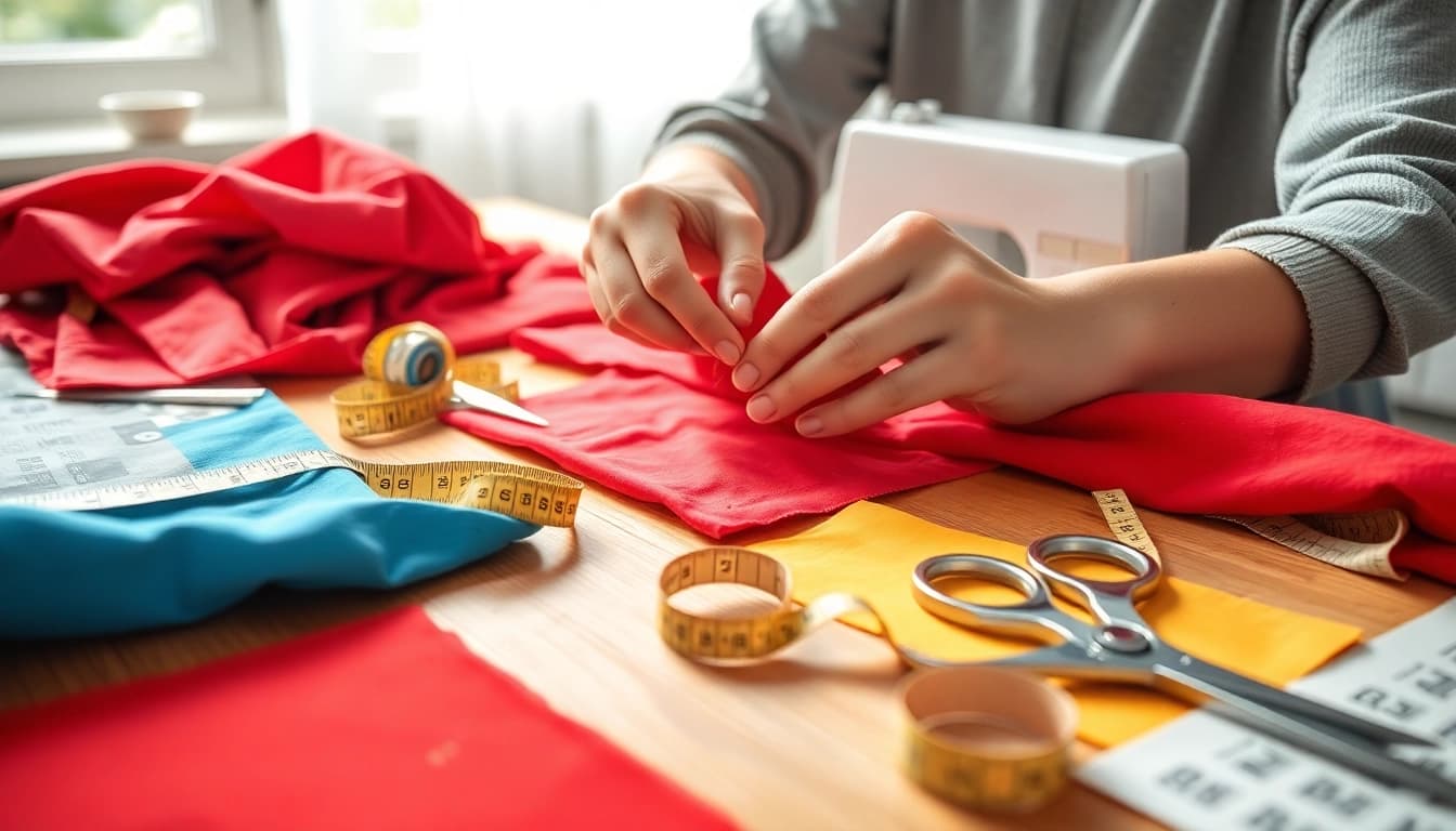 Stof voor naaien beginners in een kleurrijke naaienworkshop met accessoires.