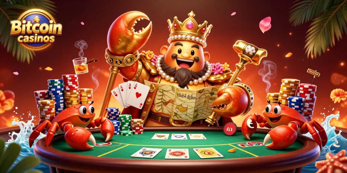Casinos Bitcoin : le crabe empereur entouré de jetons et de cartes de poker brillantes dans une illustration dynamique.