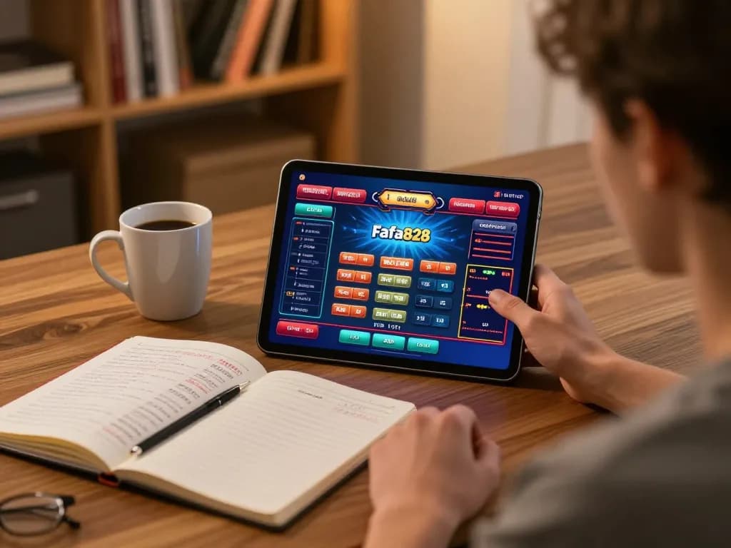 Player engaging in online gaming at Fafa828, analyzing strategies with betting notes.