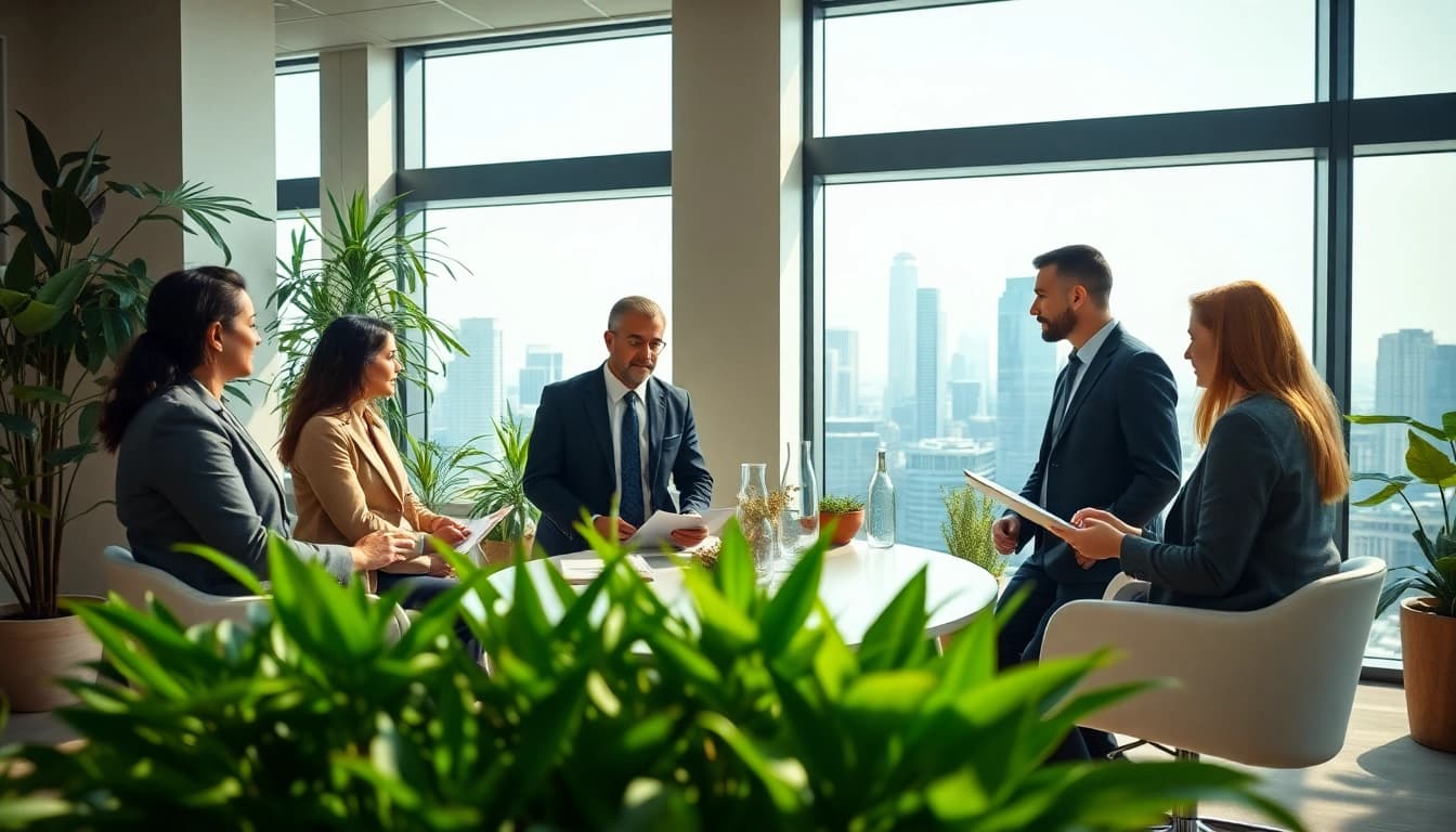 Engaged team at an environmental law firm discussing sustainable practices.