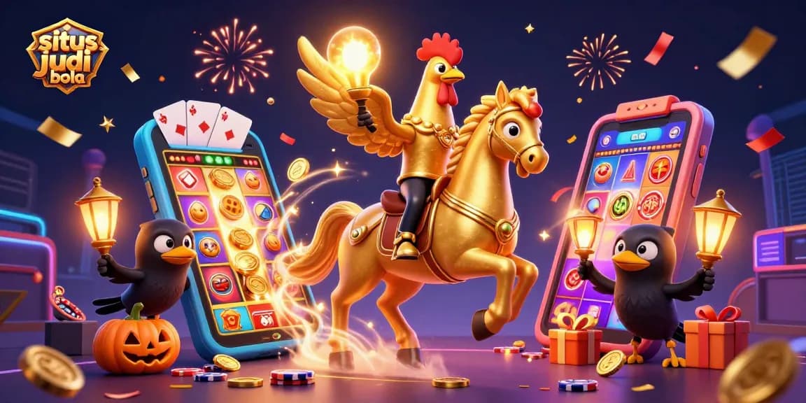 Experience situs judi bola action with a vibrant golden rooster and casino elements in this dynamic scene.