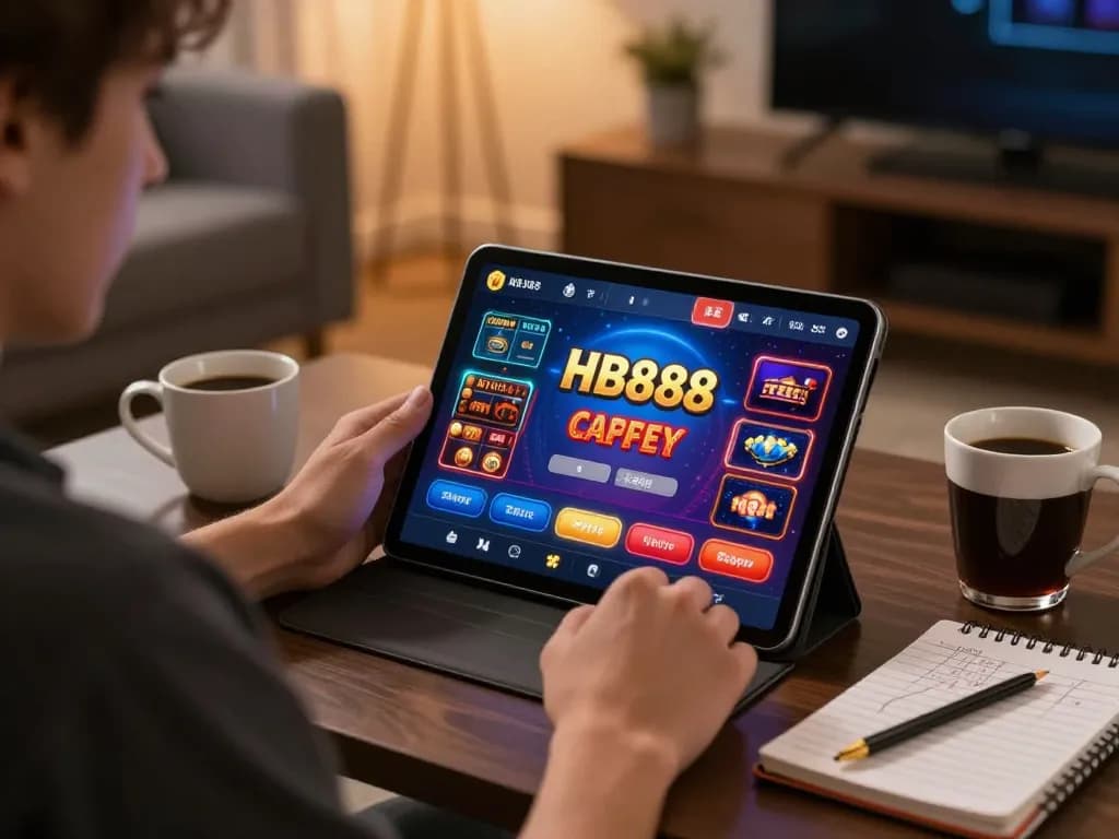 Player immersed in HB888 casino app on tablet showcasing exciting gaming options in a cozy setting.