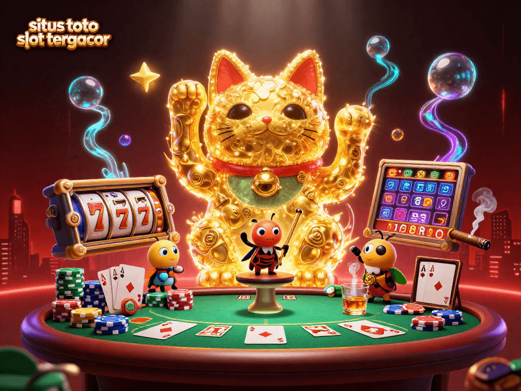 Spinning the lucky cat of situs toto slot tergacor surrounded by vibrant casino symbols and rich game elements.