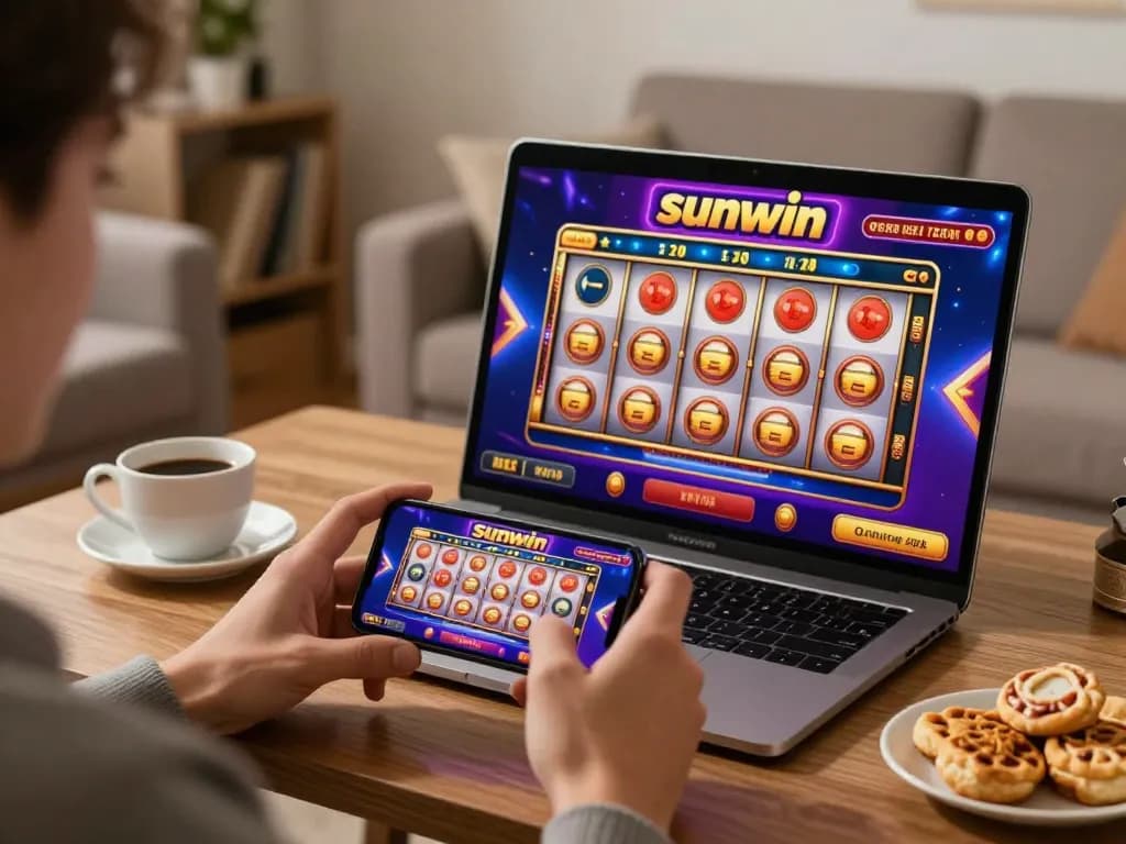 Player enjoying sunwinapk mobile games with exciting slots on smartphone in a cozy setting