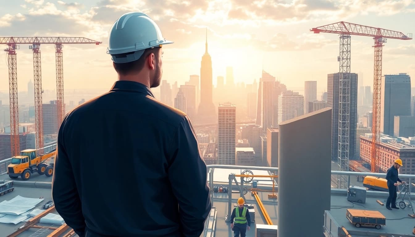 Manhattan General Contractor supervising a diverse team at a bustling construction site.