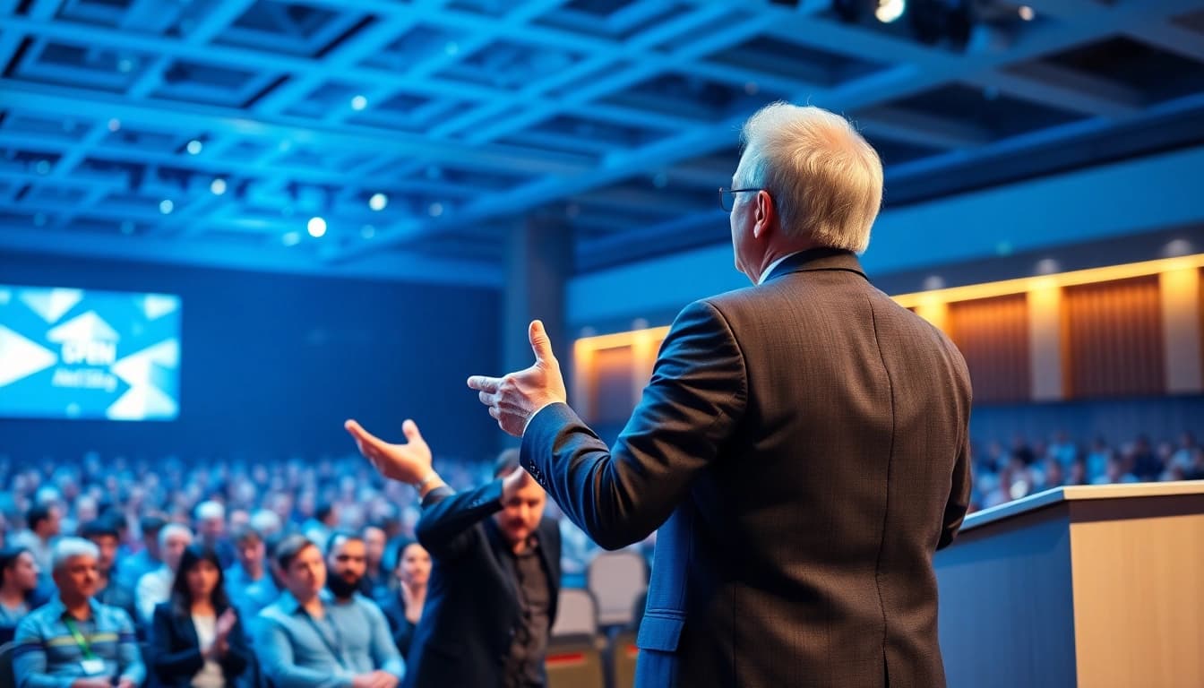 Keynote Speaker passionately engaging with an audience during a dynamic presentation.