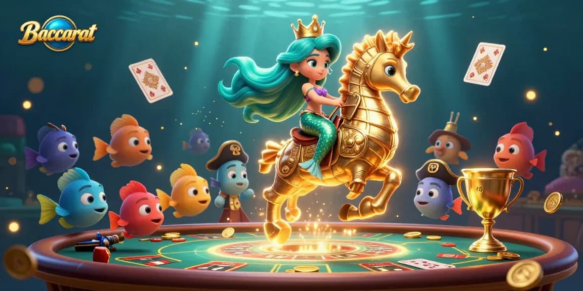 Baccarat themed illustration featuring a mermaid princess at a baccarat table, surrounded by colorful fish and casino elements.
