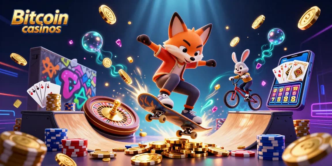 Les jeux dans les Bitcoin casinos prennent vie avec un renard skateboard et un lapin BMX.