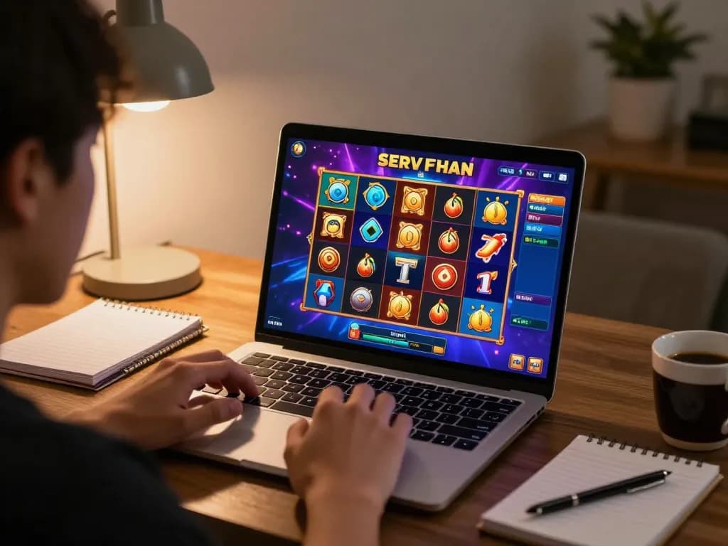 Player engaged with a slot server thailand game on a laptop, showcasing strategy and excitement.