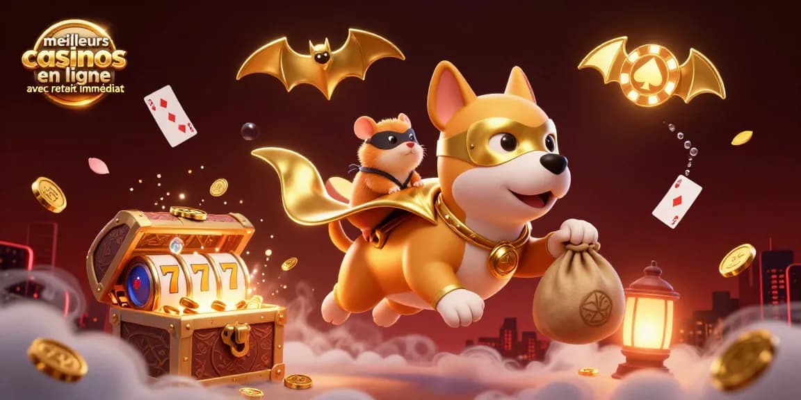 Visuel dynamique illustrant les meilleurs casinos en ligne avec retrait immédiat, avec un chien super-héros et des éléments de casino.