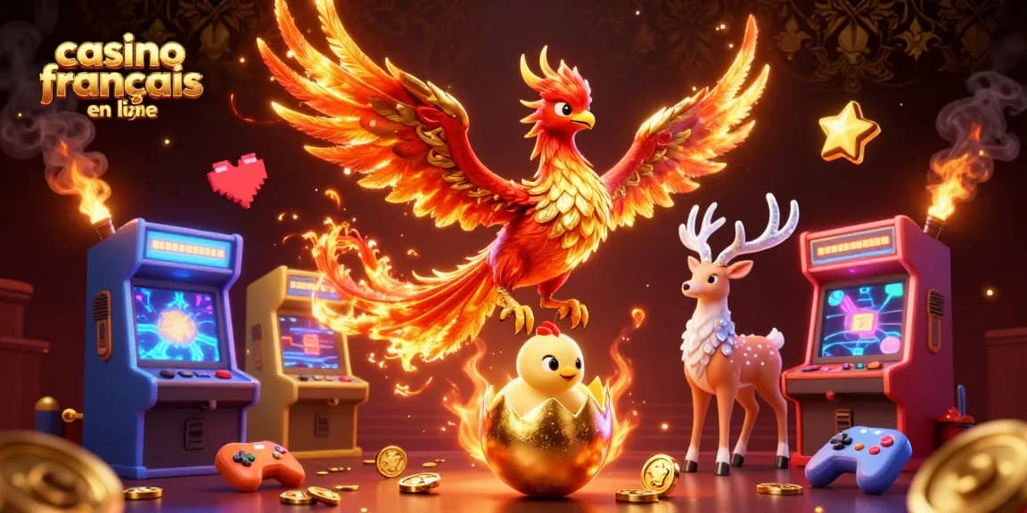 Découvrez les jeux captivants des casinos français en ligne, avec une illustration dynamique de personnages et éléments de casino.