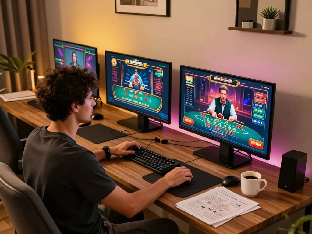 Experience intense online blackjack gameplay with 8kbet in a modern home office.