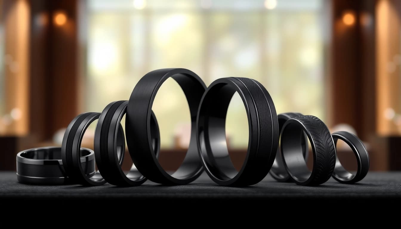 Artfully arranged black wedding rings for men emphasizing sleek designs and rich textures.
