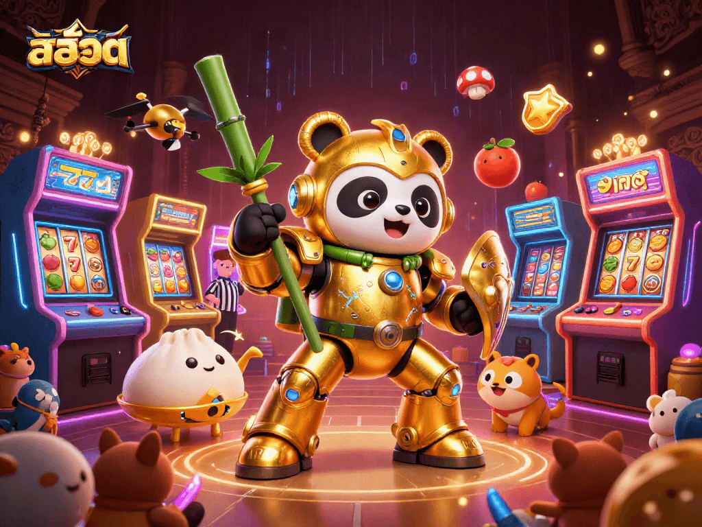 Spin สล็อต reels with a dynamic panda mech and bright casino elements in a vibrant arena.