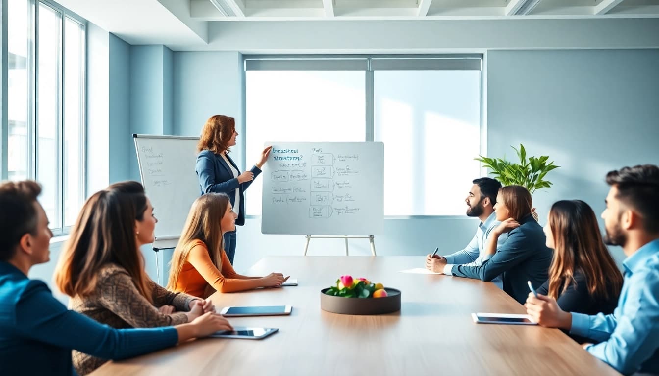 Engaging business coaching service session with diverse entrepreneurs absorbing strategies in a bright office.