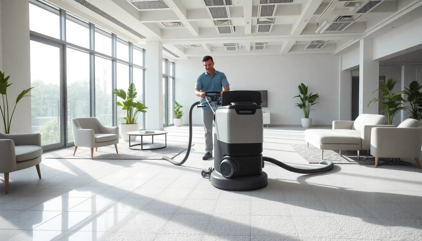 Commercial carpet cleaners efficiently working in a bright office setting with modern furniture.