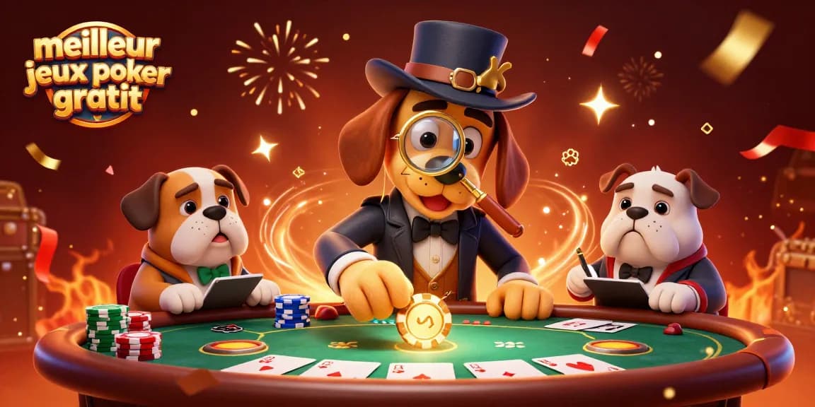 Jouez aux meilleur jeux de poker gratuit avec une illustration dynamique de détective et bulldog.