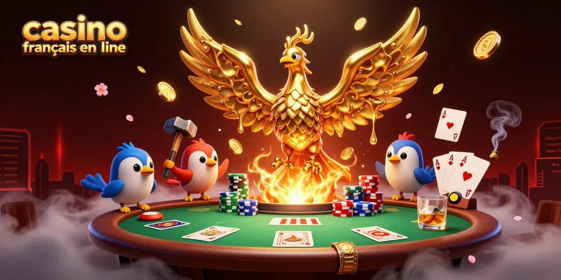 Jouer au casino français en ligne avec une illustration dynamique du phénix doré et des éléments de poker.