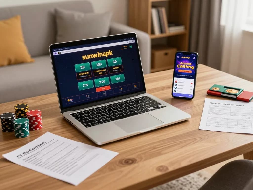 Engaging gameplay on sunwinapk app showcased on laptop and mobile device in cozy home setting