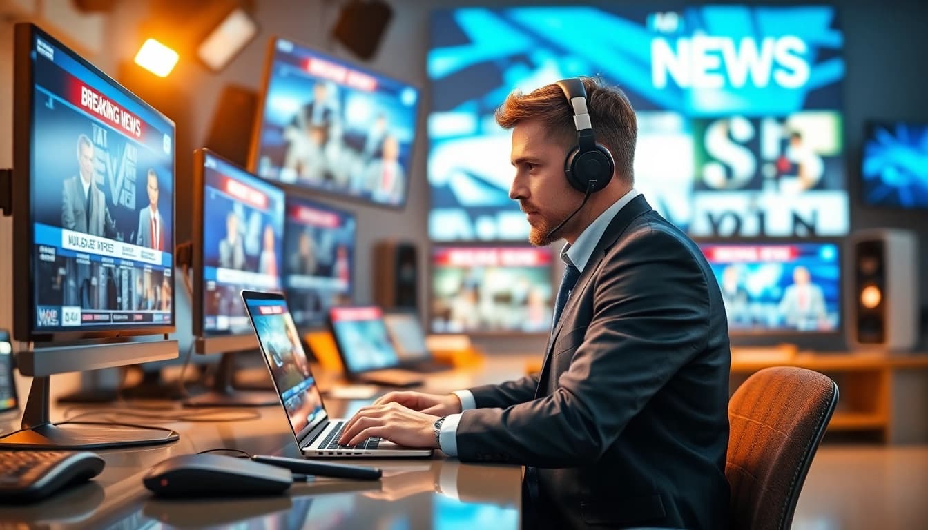 Engaging newsroom scene with journalists covering news updates, highlighting modern media.