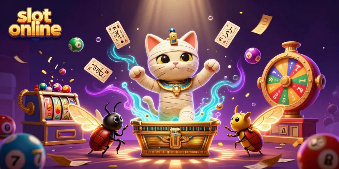 Engage in slot online adventures with a vibrant 3D illustration of a mummy cat and casino elements.