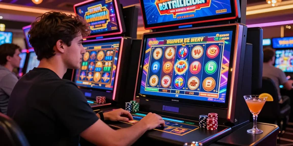 Player enjoying bonus buy slots in a neon-lit casino atmosphere, capturing the thrill of instant access to exciting gameplay.