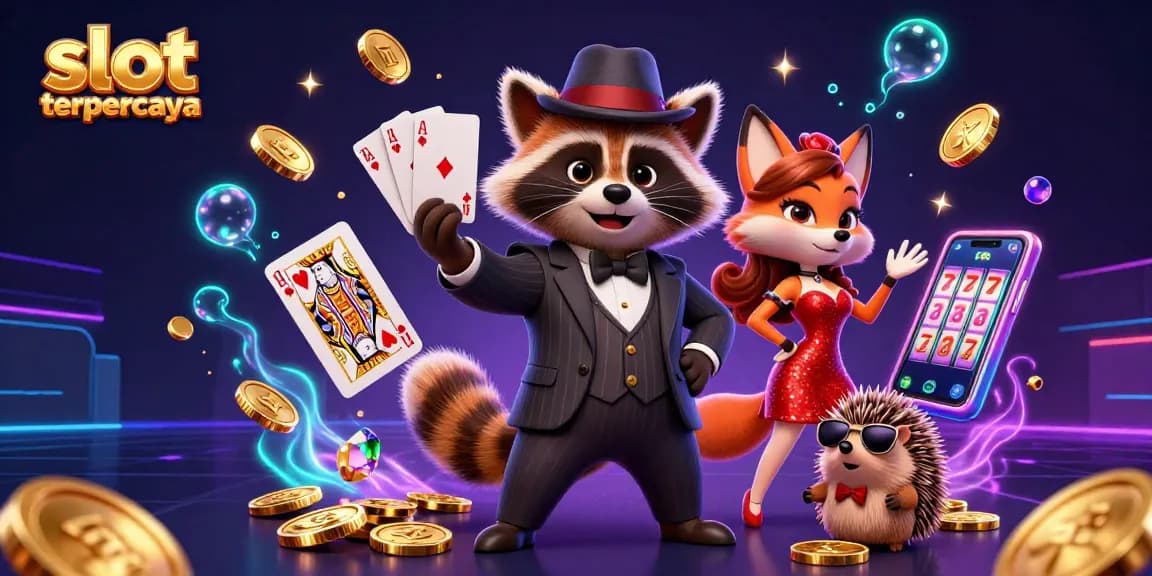 Explore slot online terpercaya scene featuring a raccoon, fox, and hedgehog celebrating amidst coins, cards, and slots.