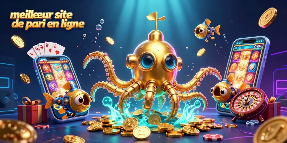 Visualisez le meilleur site de pari en ligne avec un kraken sous-marin en 3D et des jeux de casino colorés.