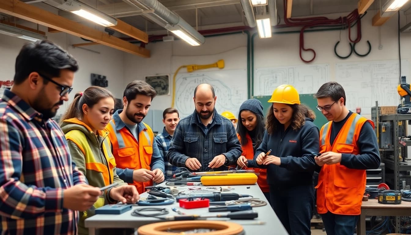 Electrician trade school Colorado students learning in a bright workshop environment.