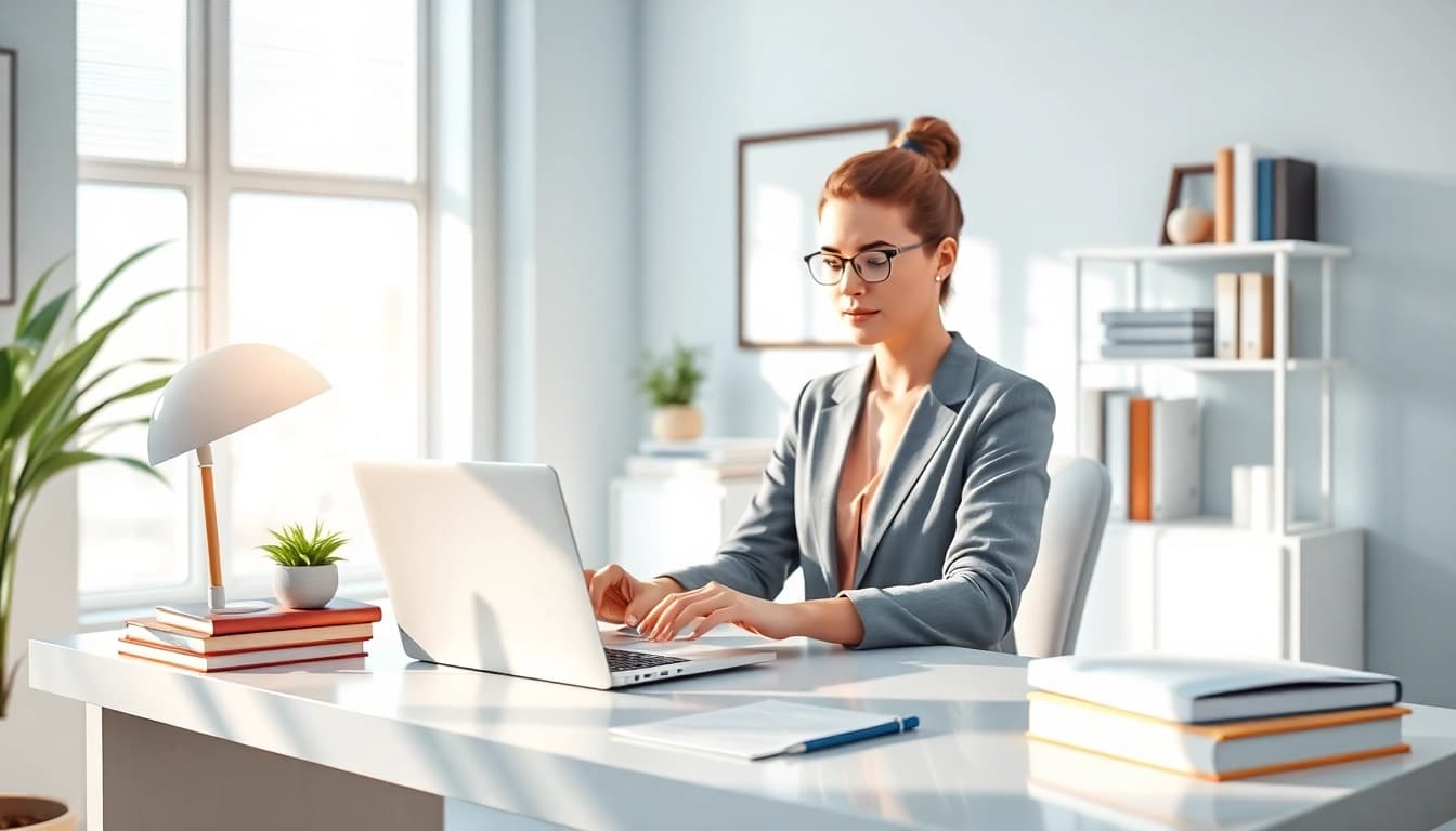 Espace de travail professionnel d'un traducteur assermenté en ligne, avec un traducteur travaillant sur des documents et des logiciels de traduction.