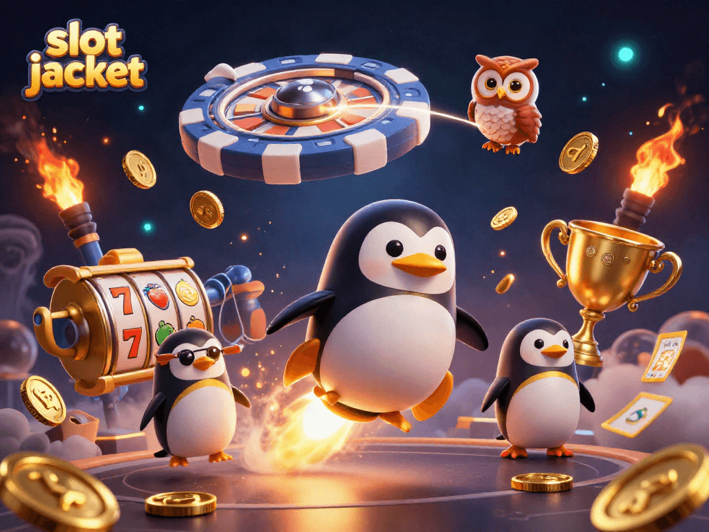 Experience the excitement of the slot jackpot with a golden penguin rocket soaring towards a casino!