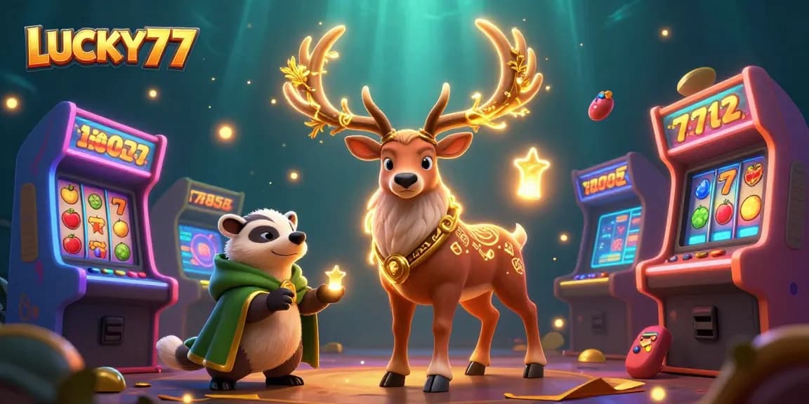 Spin to win with LUCKY77 in this vibrant, whimsical casino adventure scene!