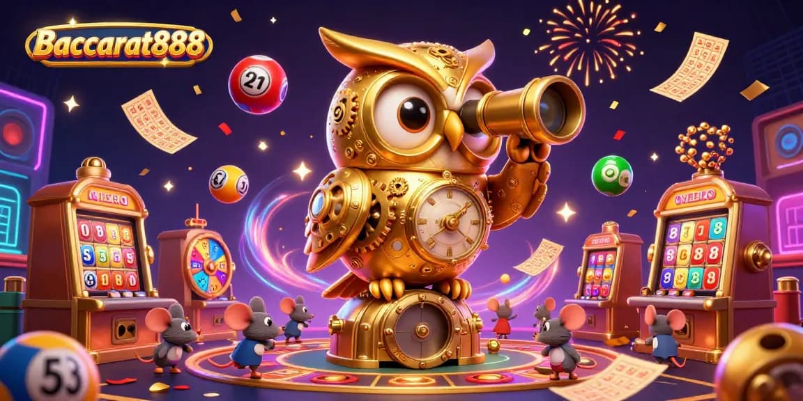Baccarat888 immersive casino scene featuring a clockwork owl and festive elements, perfect for gamblers.