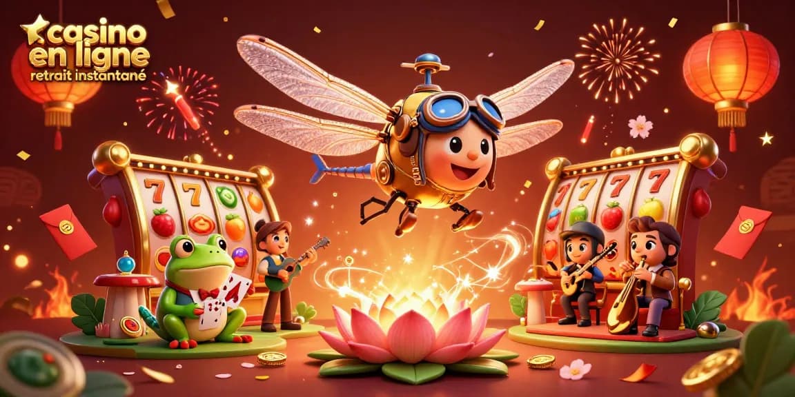 Jouez avec casino en ligne retrait instantané dans un monde de jeux, où un croupier grenouille distribue des cartes et une libellule pilote un hélicoptère.