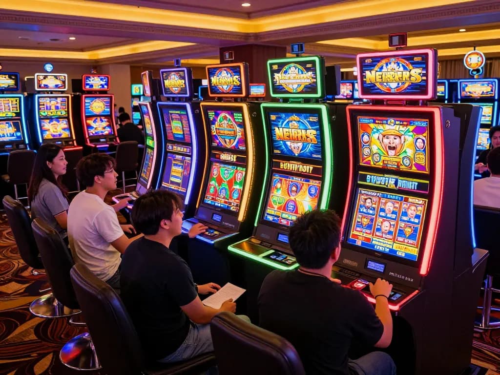 Players engaging with exciting slot machines in a vibrant casino atmosphere