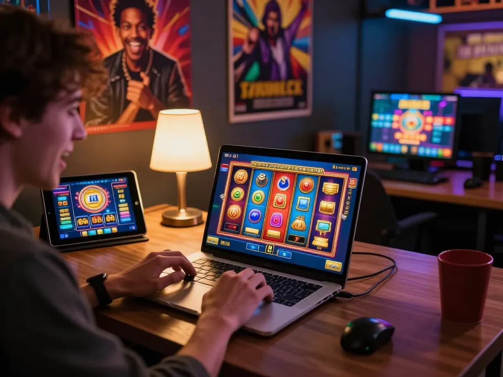 Engaged player spinning top quality widgets on laptop during online slots session for excitement.
