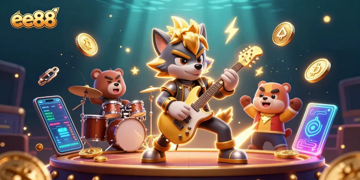 Experience the thrill of ee88 with a cartoon rock star wolf and drummer bear in an electrifying casino scene.