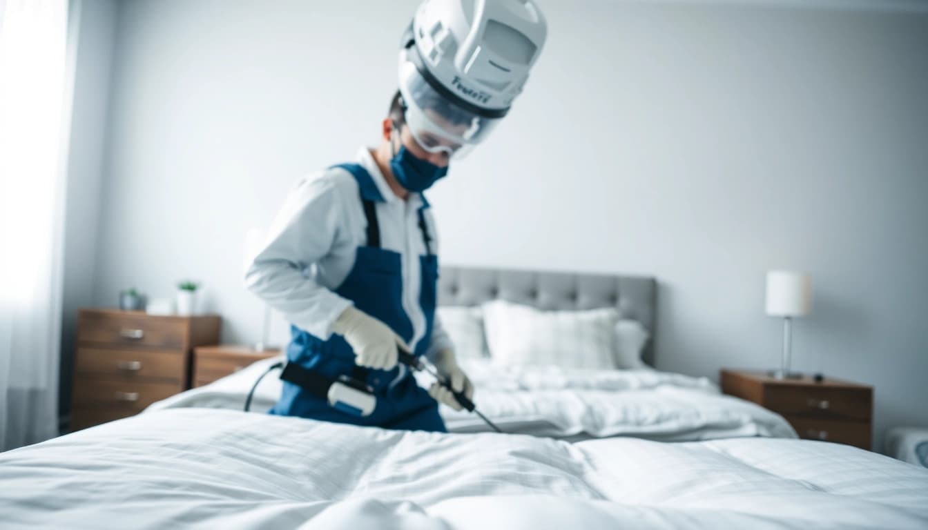 Technician performing affordable bed bug treatment in a clean bedroom environment.