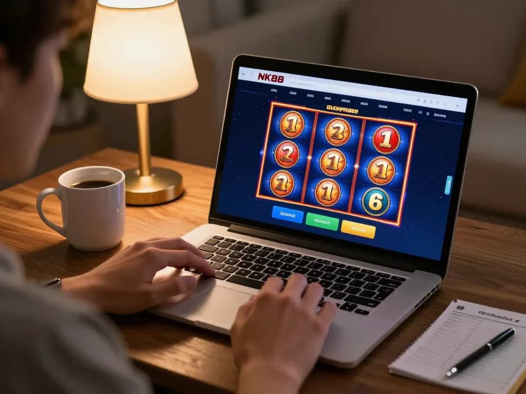 Engaged player using NK88 app for online gaming strategy in cozy living room