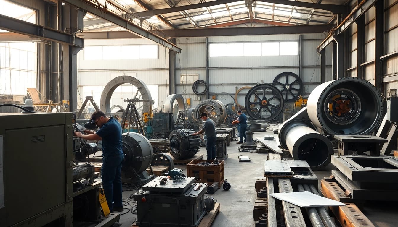 Craftsmen performing custom steel fabrication in a lively workshop setting.