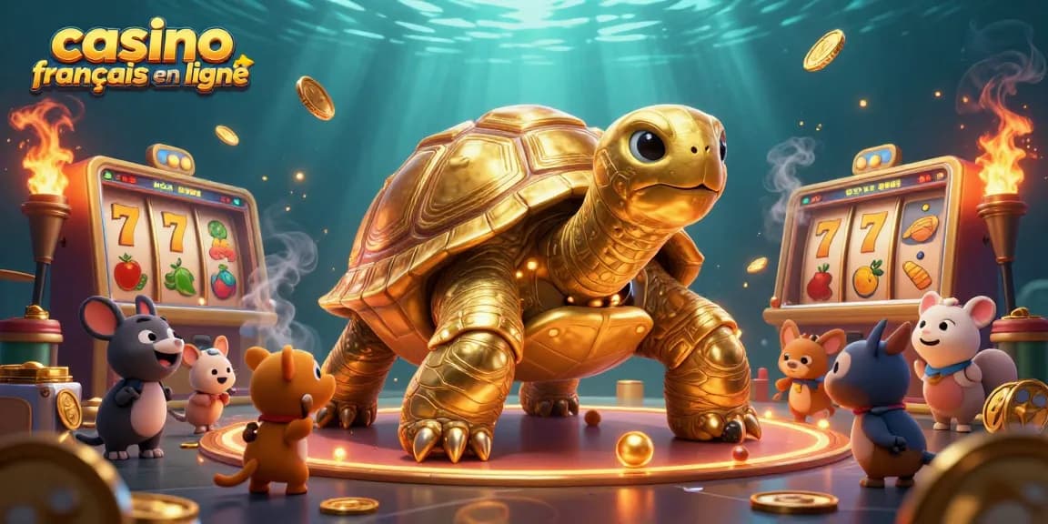 Profitez du casino français en ligne avec une tortue géante en or, jouant à un flipper et entourée de jeux captivants.