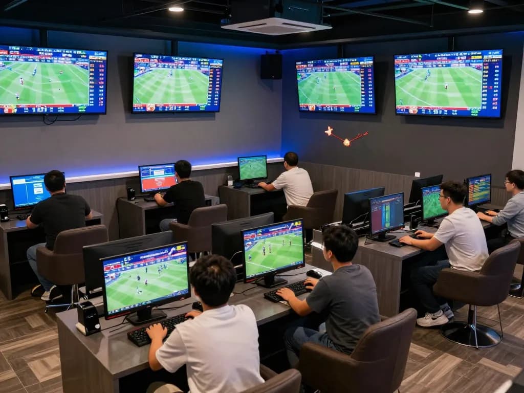 Patrons intensely reviewing Bảng Xếp Hạng and placing bets in a modern sports betting lounge.