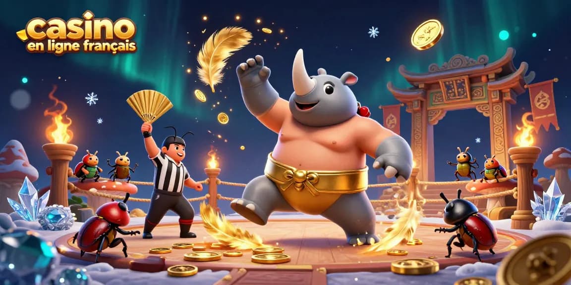 Casino en ligne français : une illustration dynamique d'un combat de rhinocéros et d'éléments de casino.