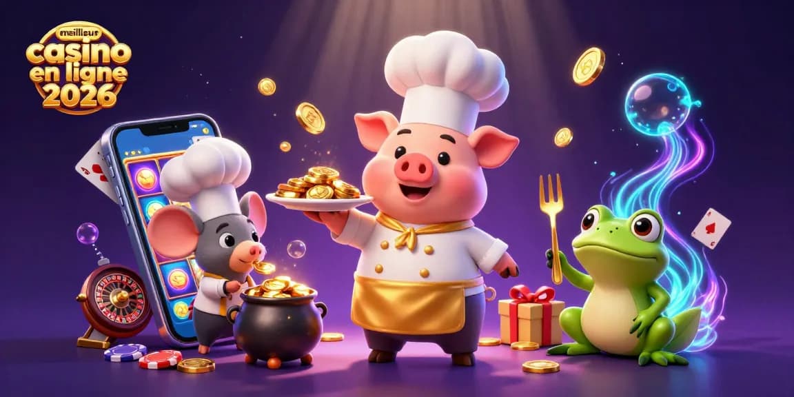 Plongée dans l'univers du meilleur casino en ligne 2026 avec un chef et des symboles de jeux d'argent