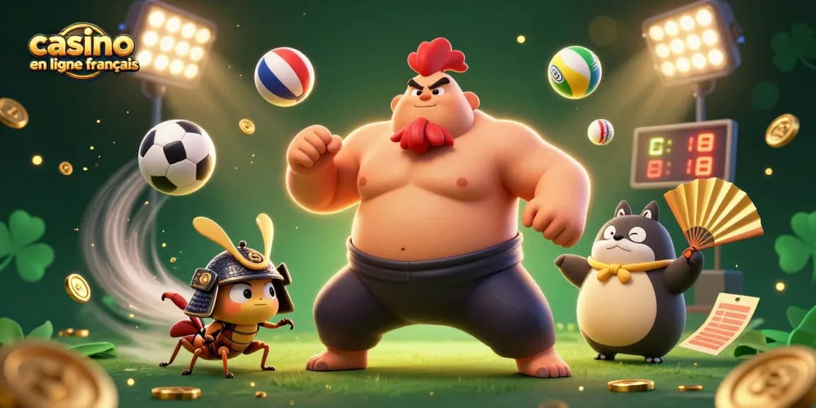 Cette illustration illustrant un casino en ligne français montre un combat entre un coq sumo et un criquet samouraï.