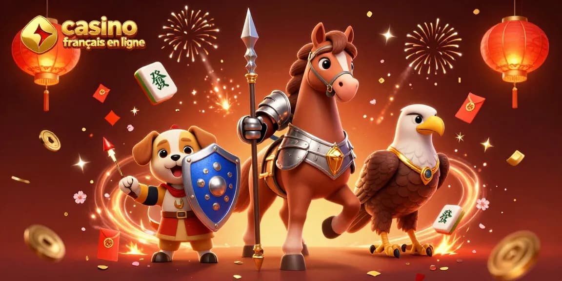 Profitez des jeux dans un casino français en ligne avec un cheval médiéval, un chiot écuyer, et un faucon, entourés d'éléments de casino.