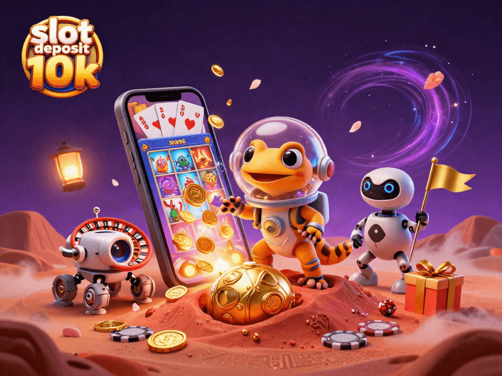 Win big with slot deposit 10k in a vibrant casino scene featuring an adventurous Martian gecko.
