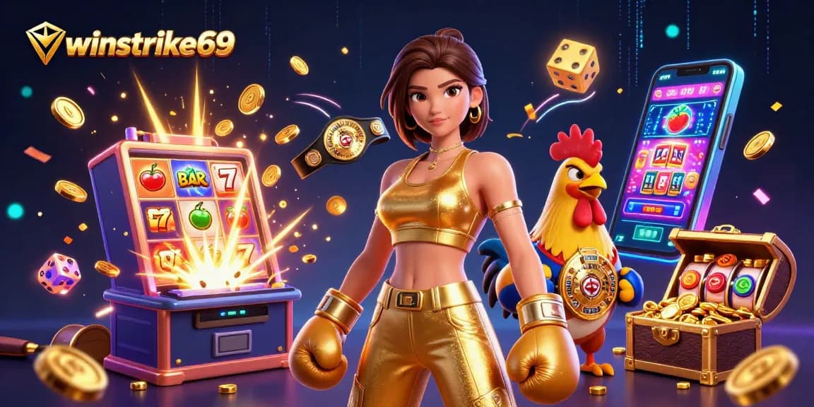 Experience the thrill of winstrike69 with a dynamic casino scene featuring a woman and championship rooster.